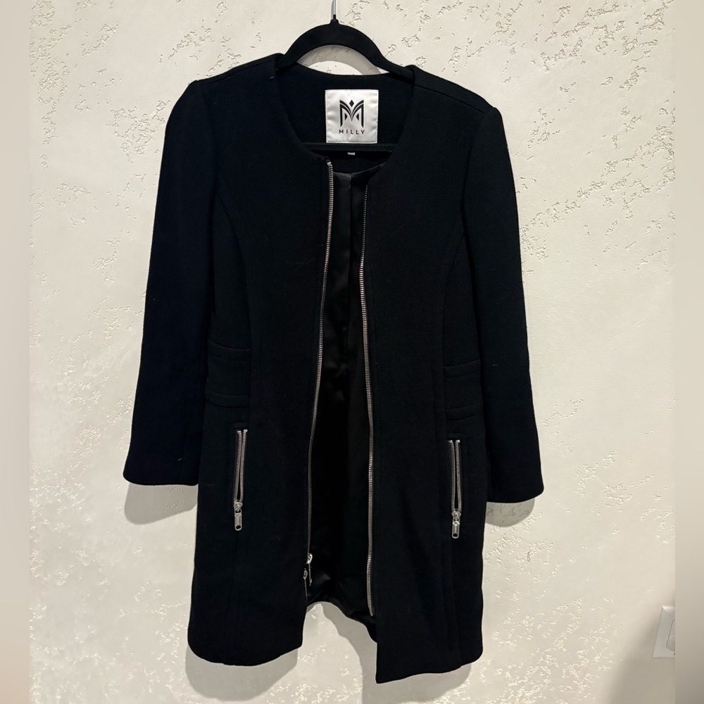 Milly Black Trench Coat with Zipper Details